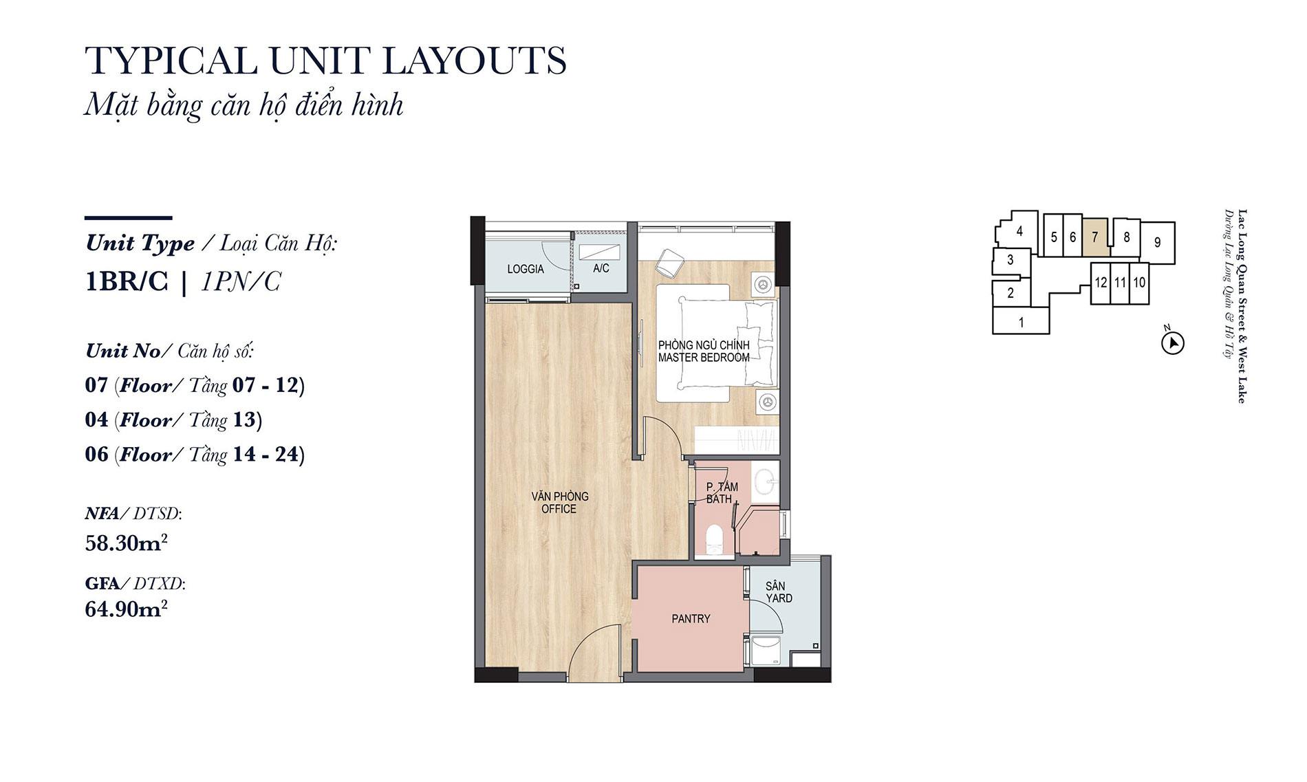 Layout thiết kế căn hộ Soho Heritage West Lake - 1 phòng ngủ - 1PN/C.