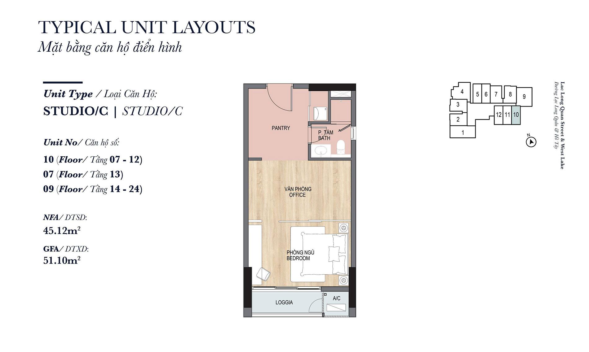 Layout thiết kế căn hộ Soho Heritage West Lake - 1 phòng ngủ - STUDIO/C.