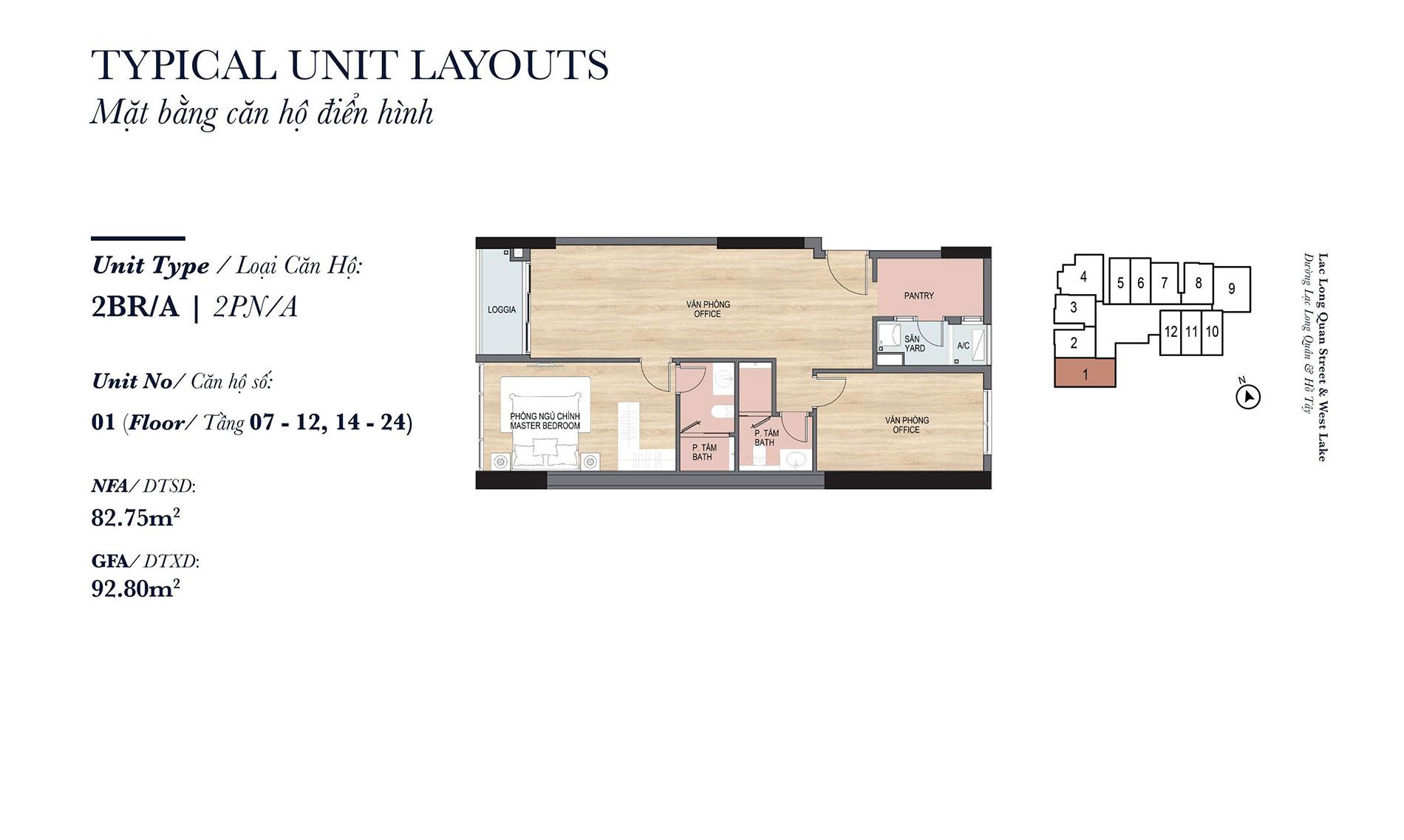 Layout thiết kế căn hộ Soho Heritage West Lake - 2 phòng ngủ - 2PN/A.