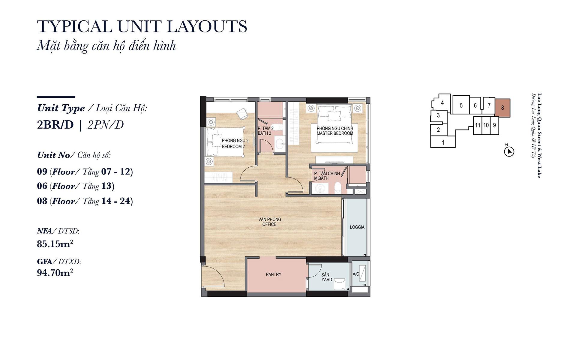 Layout thiết kế căn hộ Soho Heritage West Lake - 2 phòng ngủ - 2PN/D.