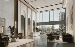 Không gian sảnh đón khách sang trọng tại LUMIÈRE Midtown, kết hợp hoàn hảo giữa nghệ thuật và tiện nghi.