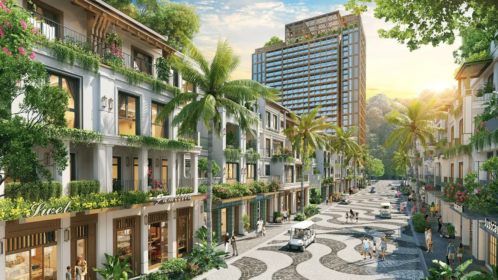 Khu phố đi bộ Xanh Island Cát Bà sầm uất với kiến trúc và dịch vụ đẳng cấp.