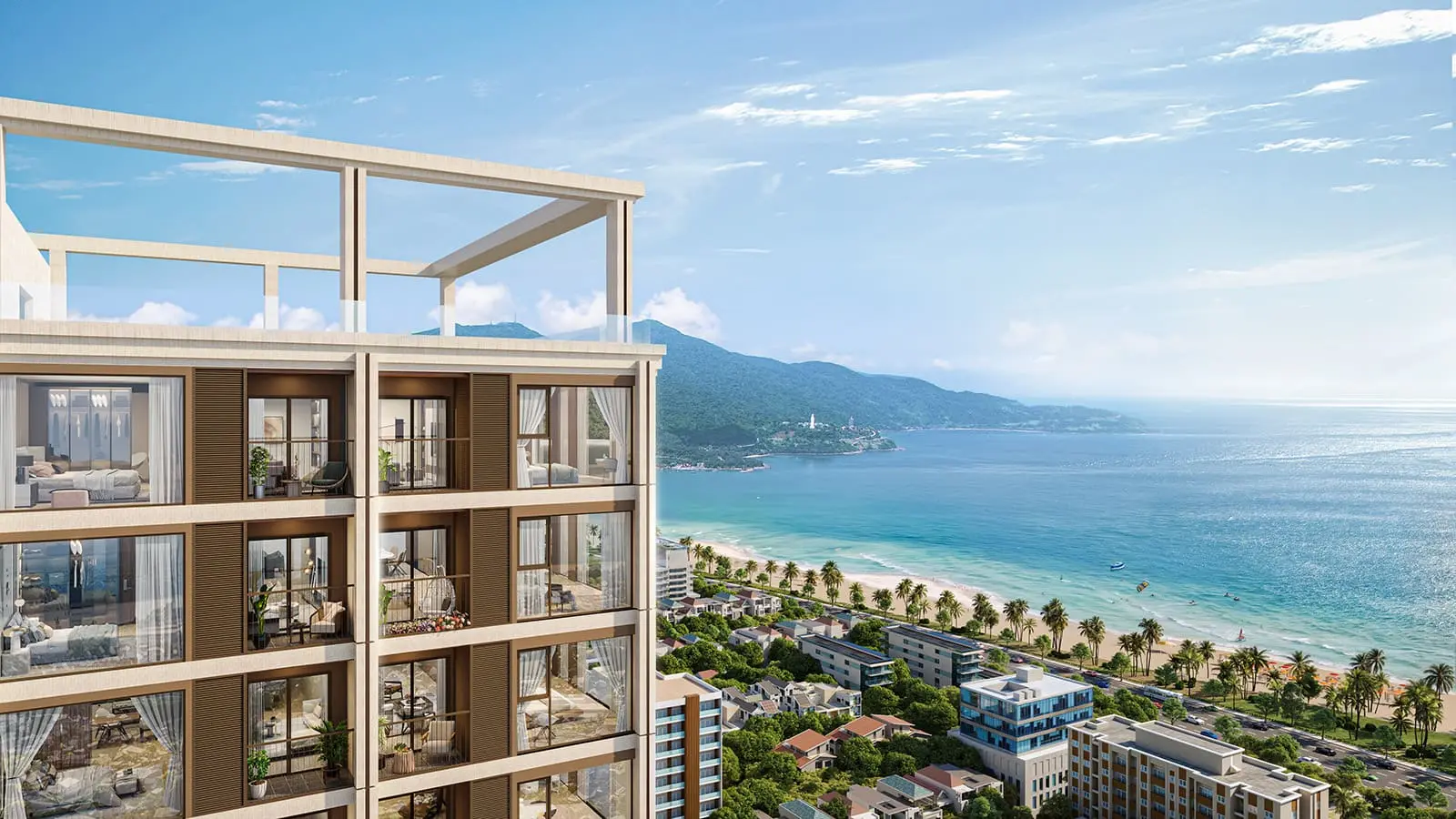 Tầm nhìn tuyệt đẹp từ Sun Costa Residences Đà Nẵng hướng ra biển Mỹ Khê, mang đến cuộc sống đẳng cấp gần biển.